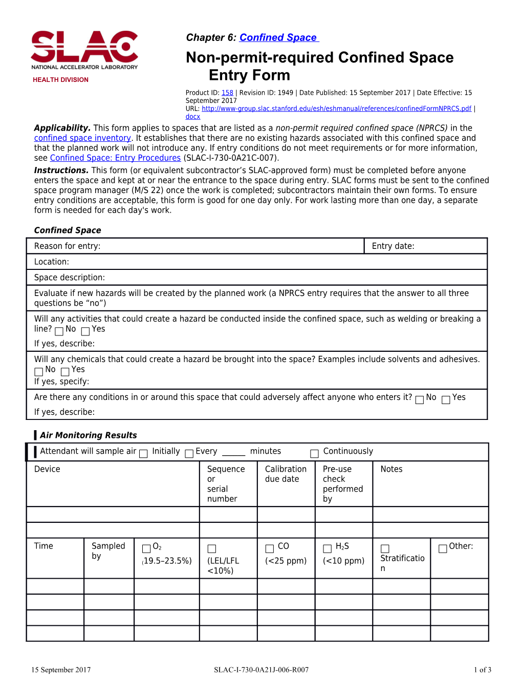 Non-Permit-Required Confined Space Entry Form