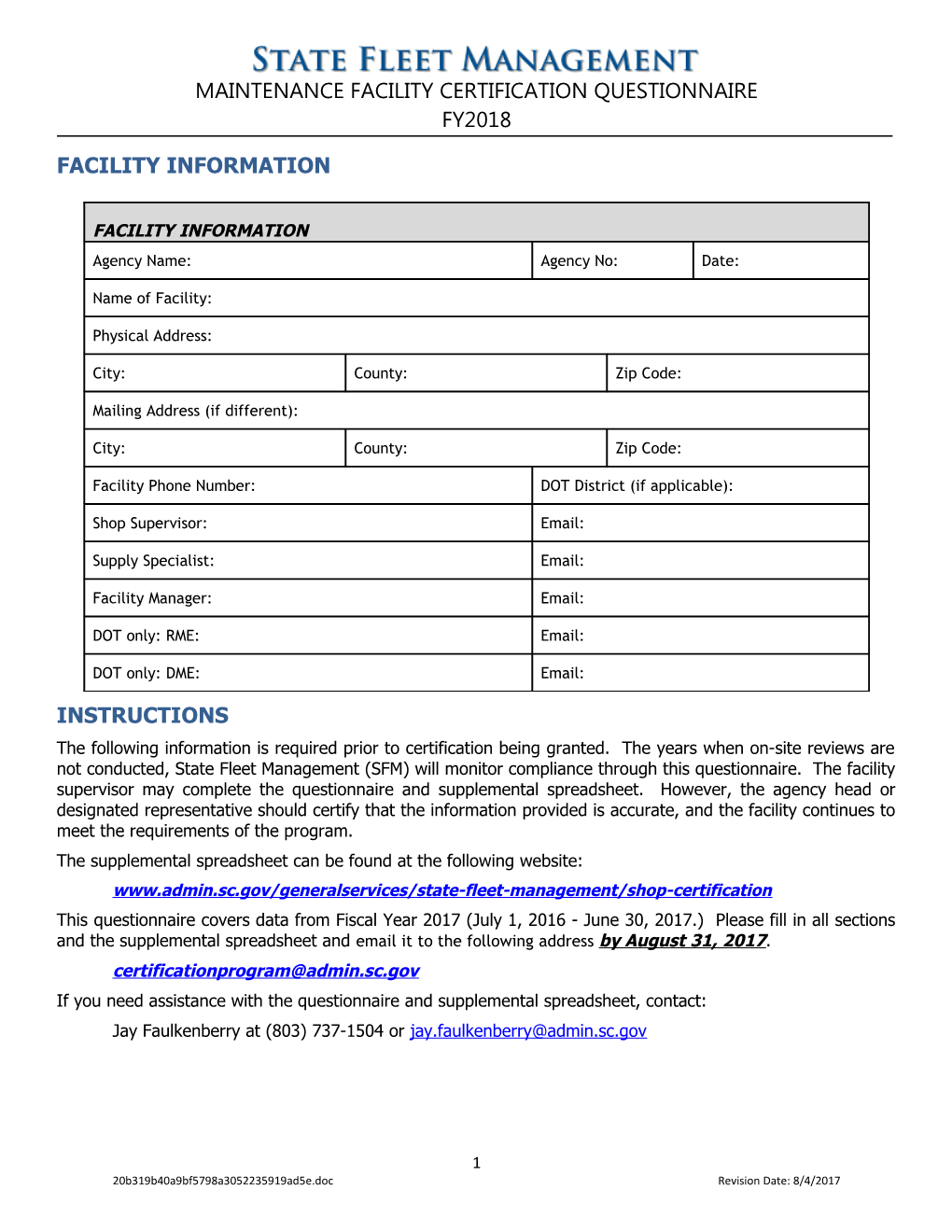 Maintenance Facility Certification Questionnaire