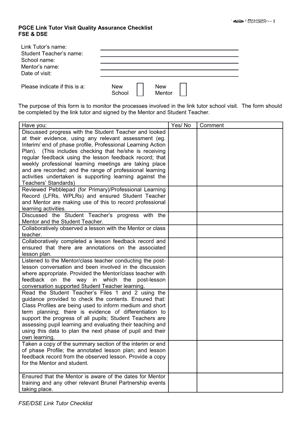 PGCE Link Tutor Visit Quality Assurance Checklist