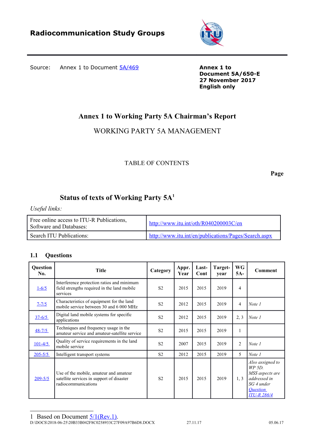 1 Status of Texts of Working Party 5A 2