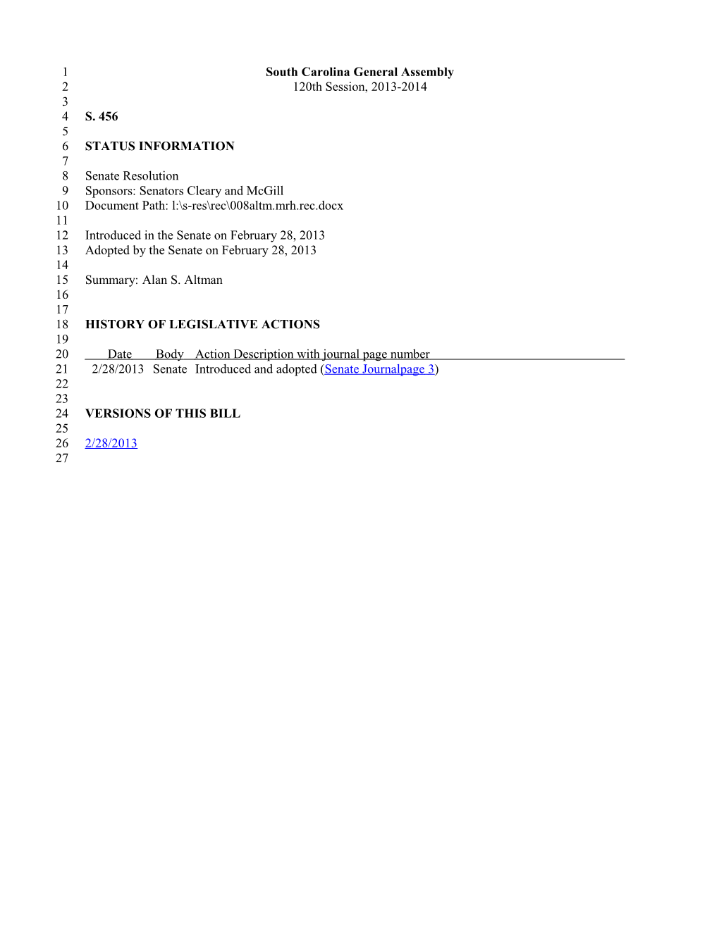 2013-2014 Bill 456: Alan S. Altman - South Carolina Legislature Online