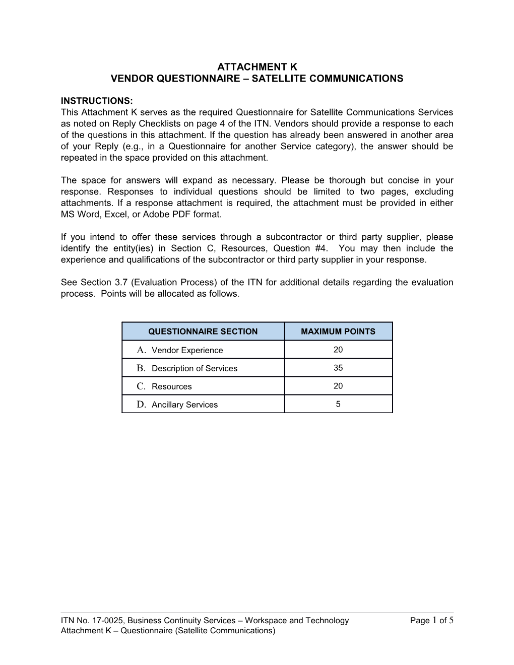 Vendor Questionnaire Satellite Communications