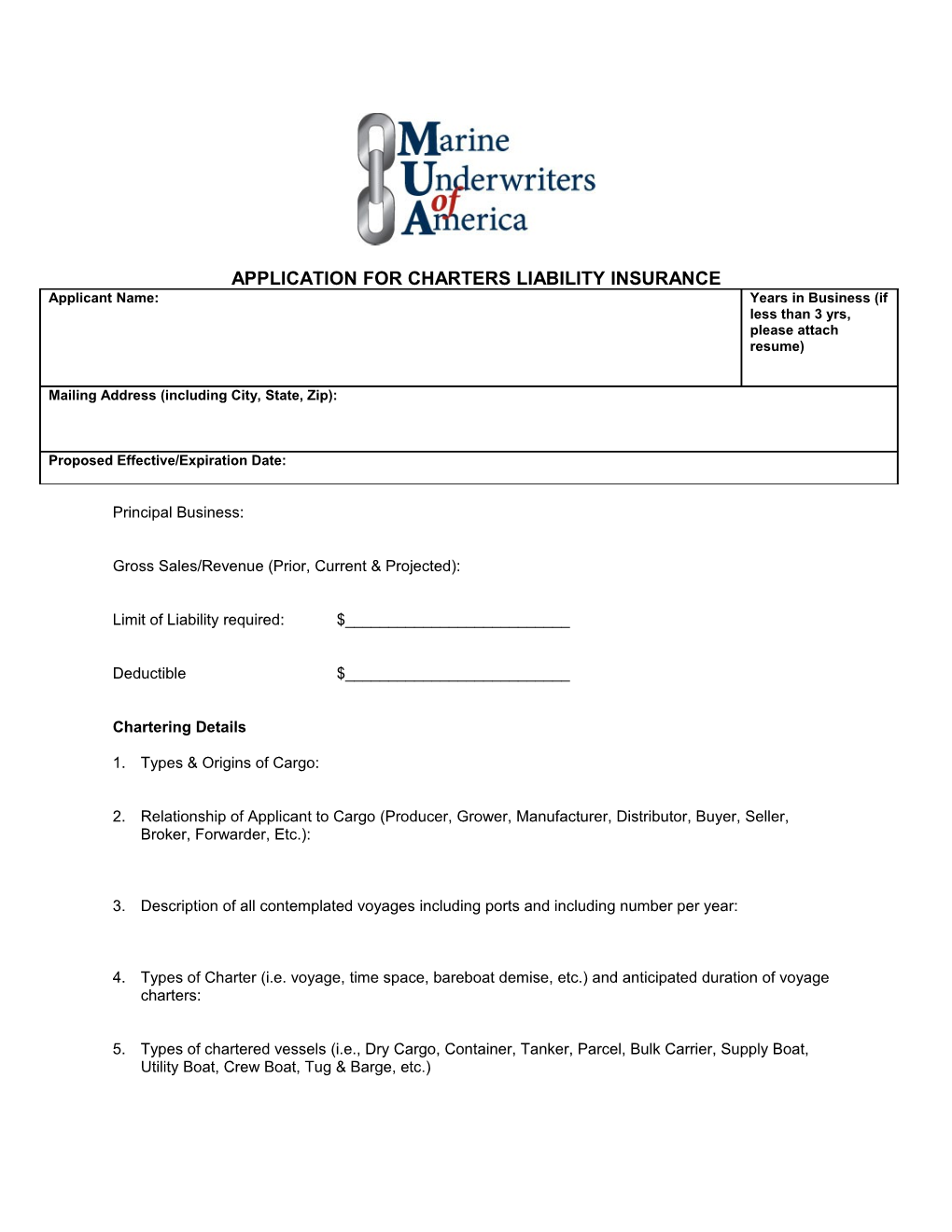 Application for Charters Liability Insurance