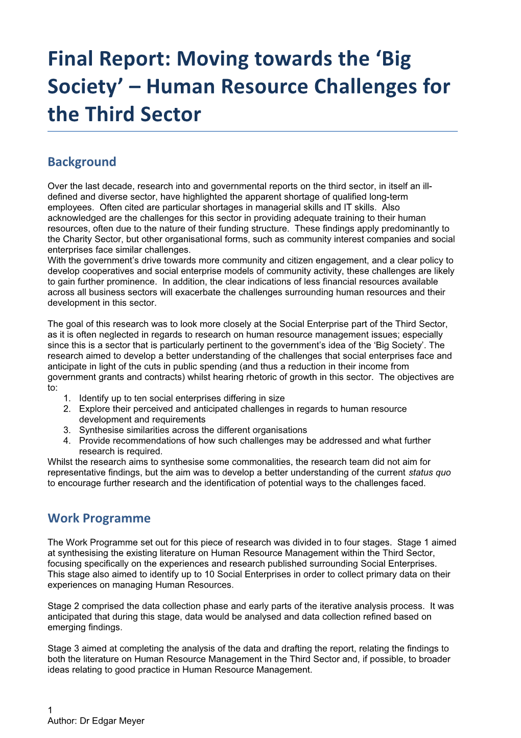 Final Report: Moving Towards the Big Society Human Resource Challenges for the Third Sector