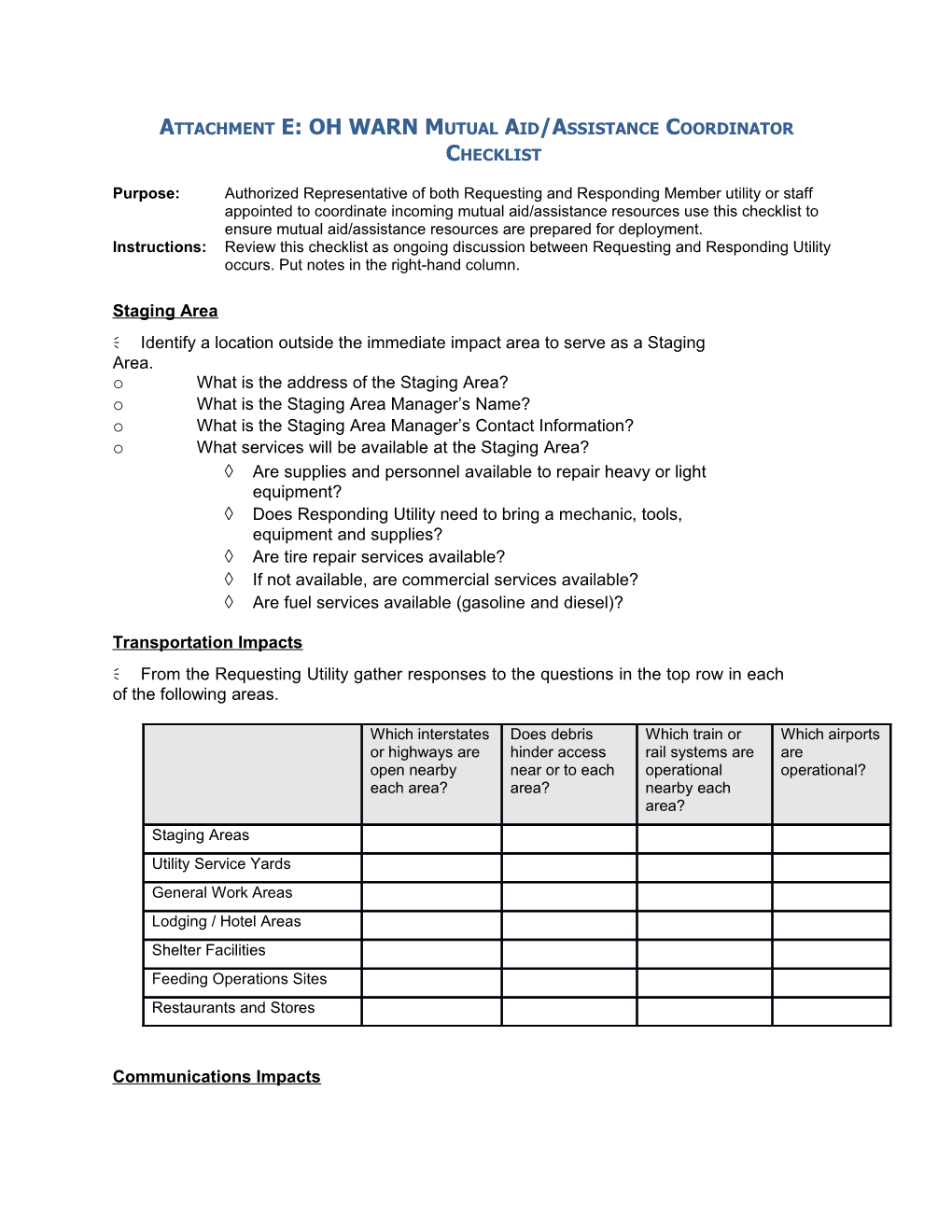 Attachment E: OH WARN Mutual Aid/Assistance Coordinator Checklist