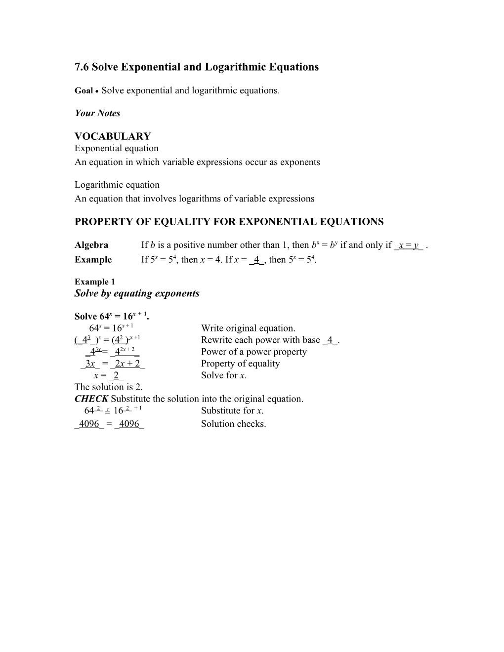 7.6 Solve Exponential and Logarithmic Equations