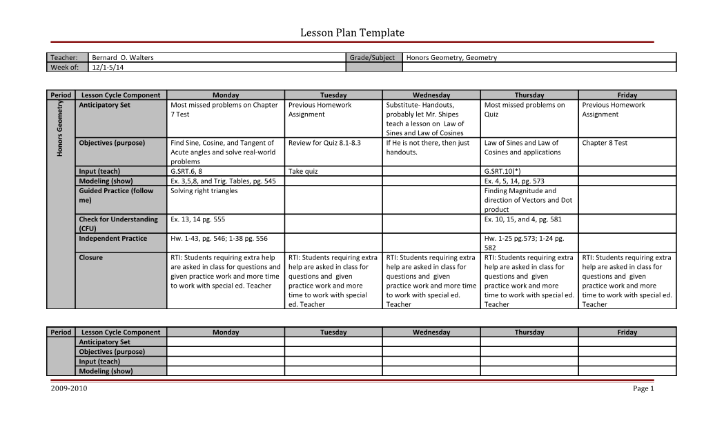 Allendale-Fairfax Middle School Lesson Plan Template