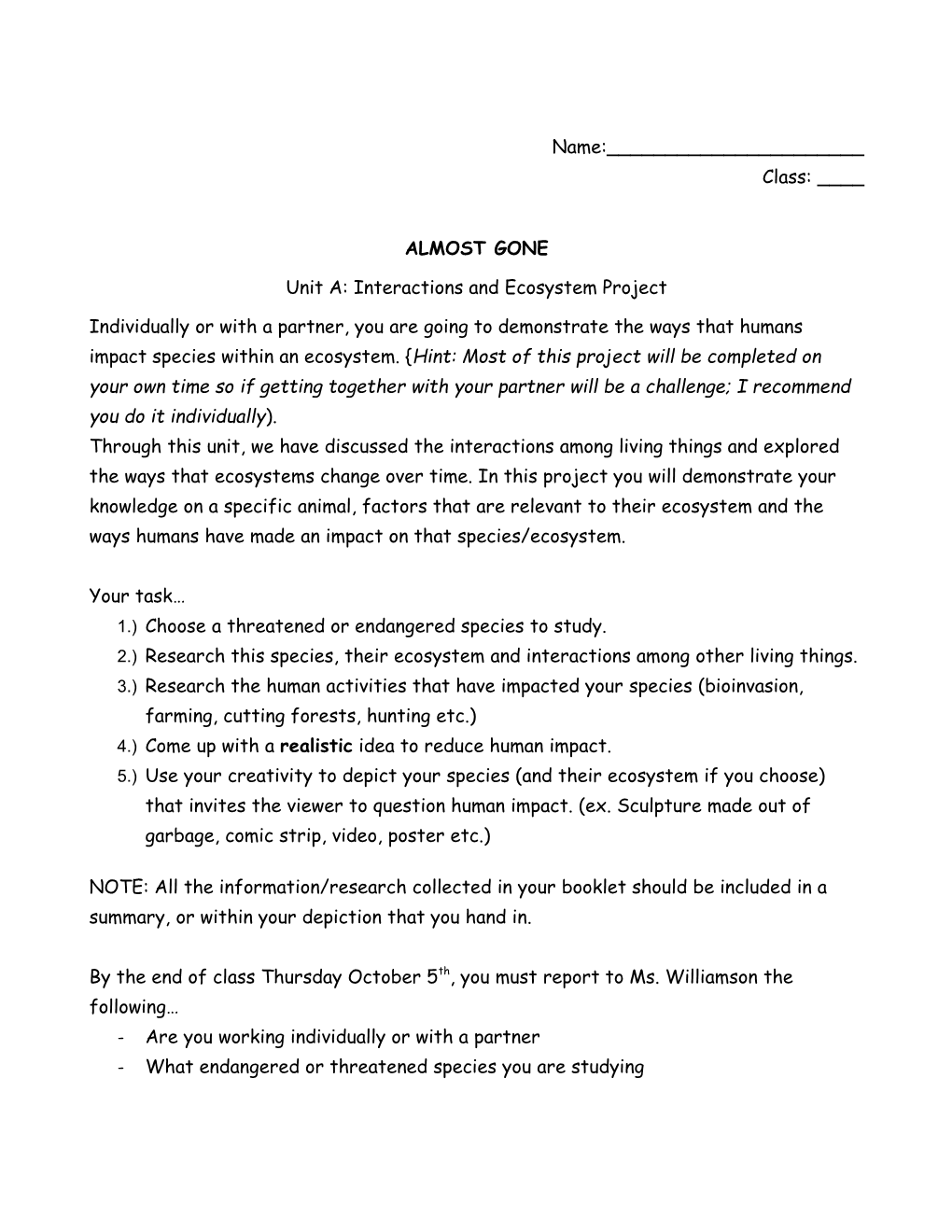 Unit A: Interactions and Ecosystem Project