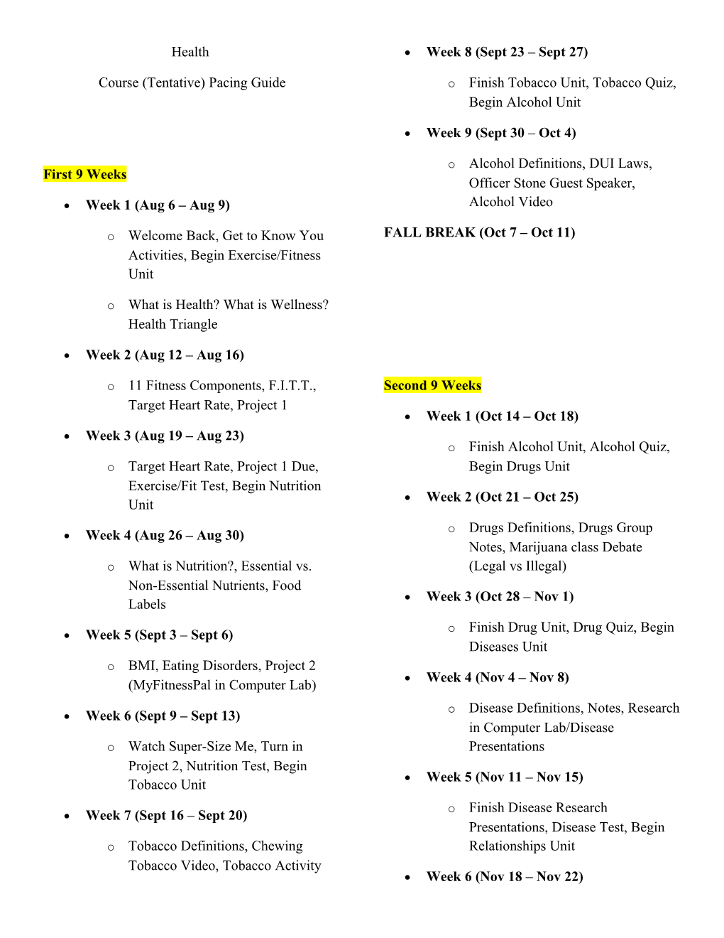 Course (Tentative) Pacing Guide