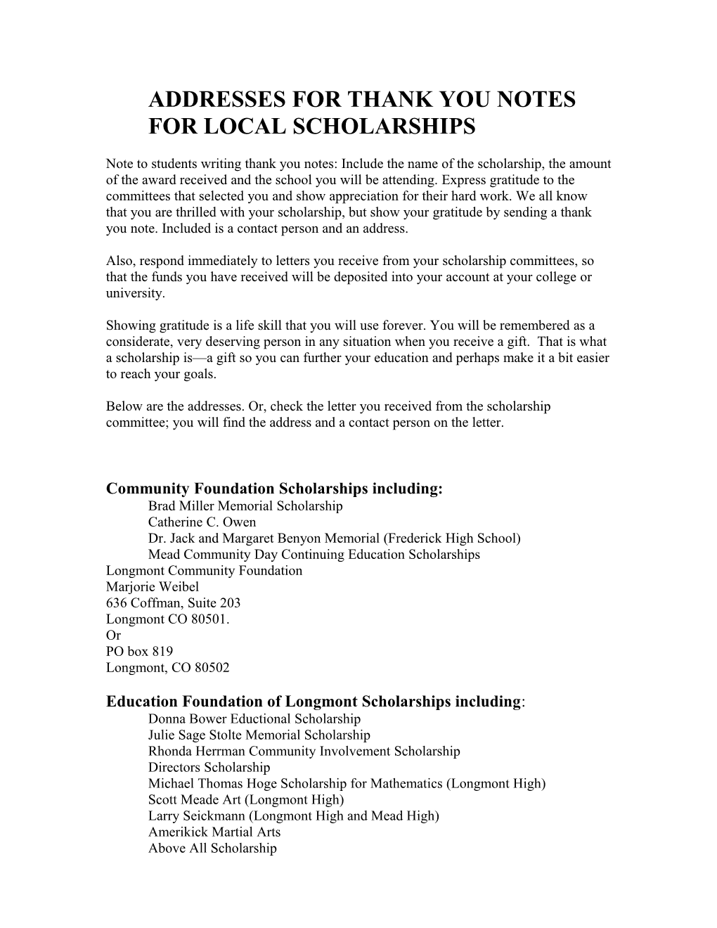 Addresses for Thank You Notes for Local Scholarships