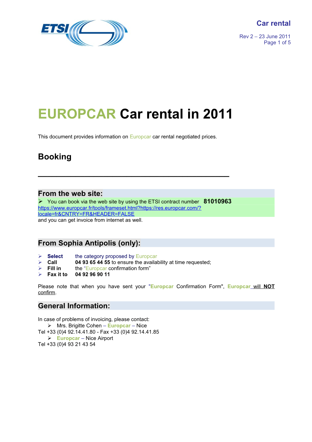 EUROPCAR Car Rental in 2011