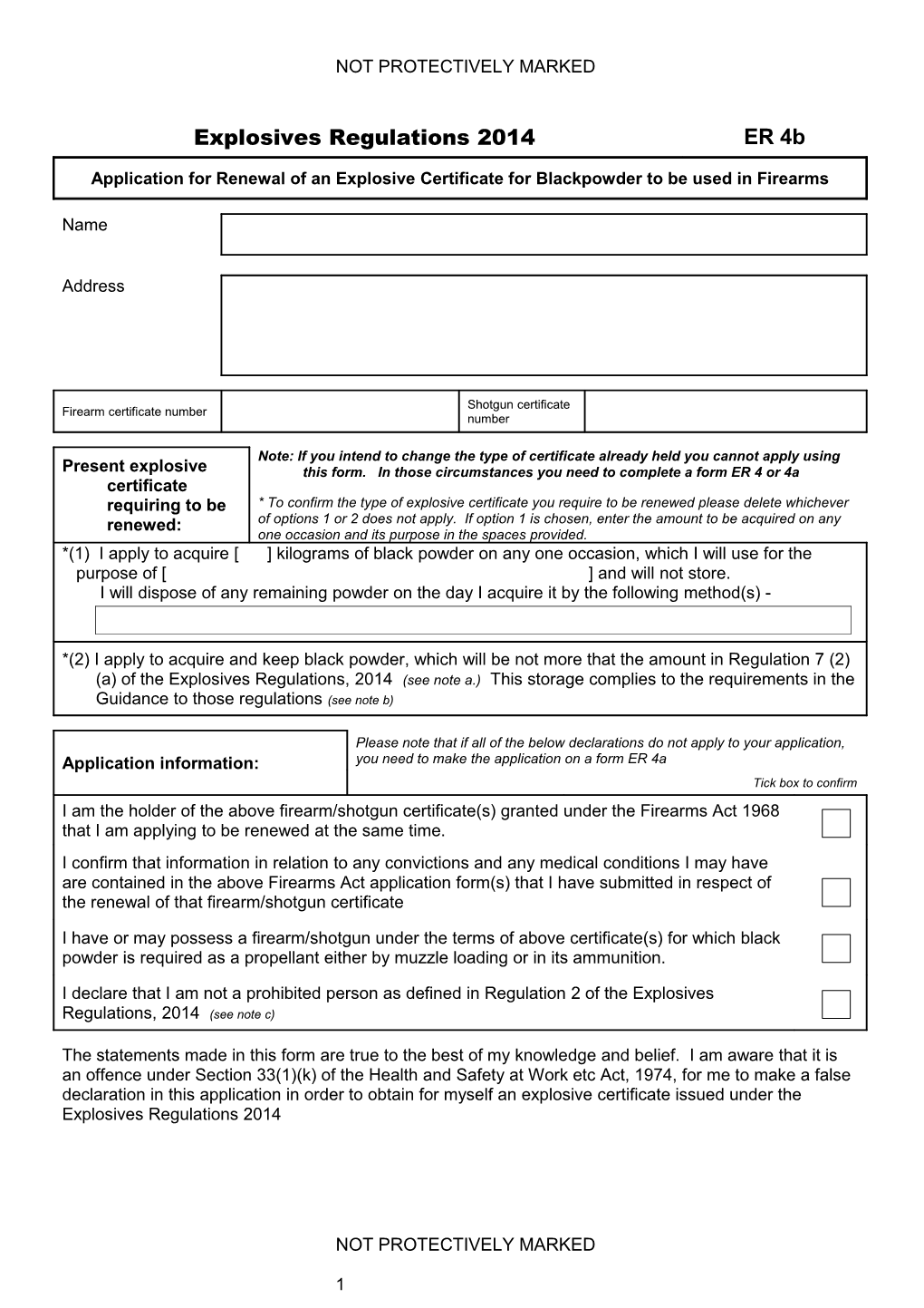 Application for Renewal of an Explosive Certificate for Blackpowder to Be Used in Firearms