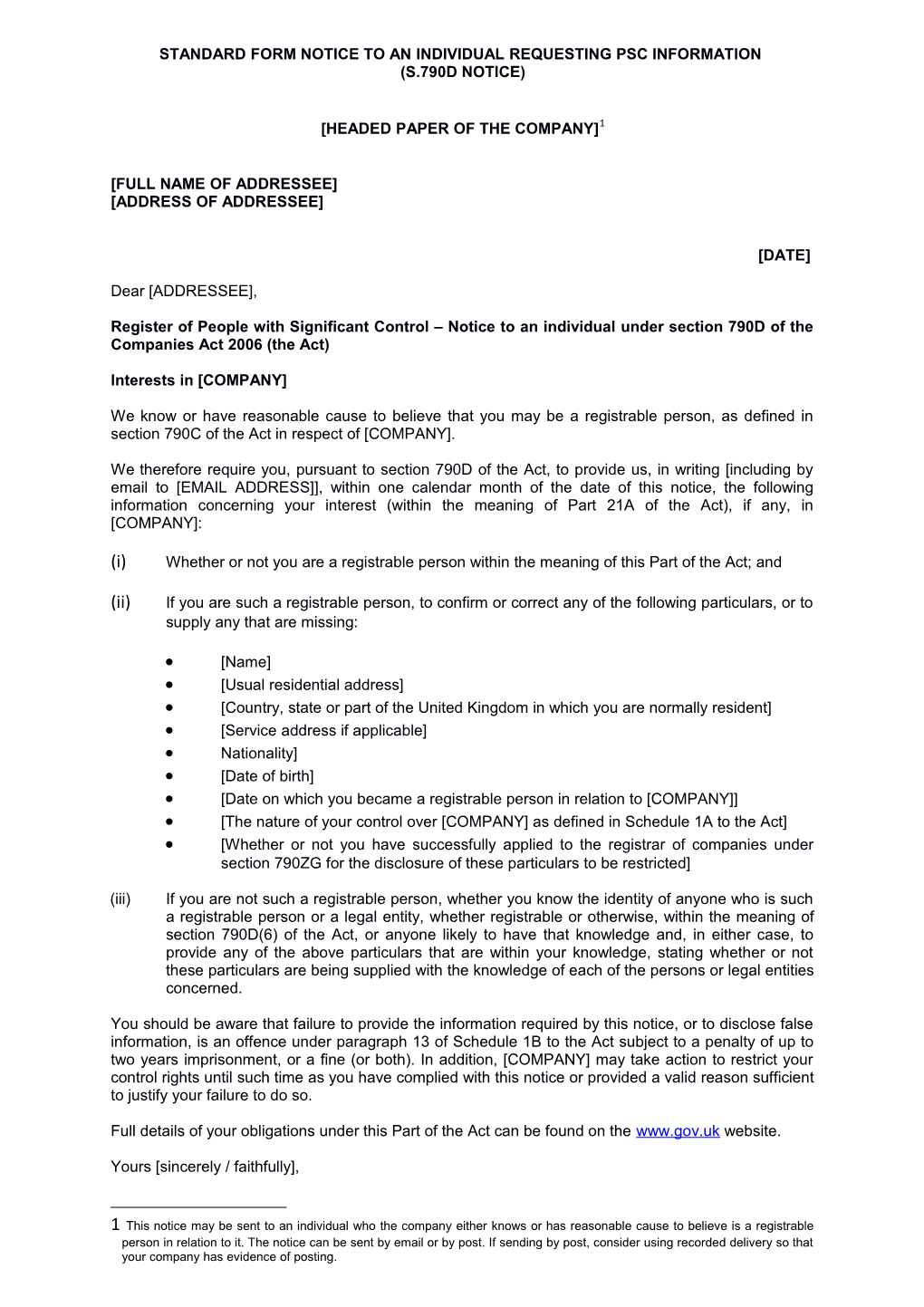 Standard Form Notice to an Individual Requesting PSC Information