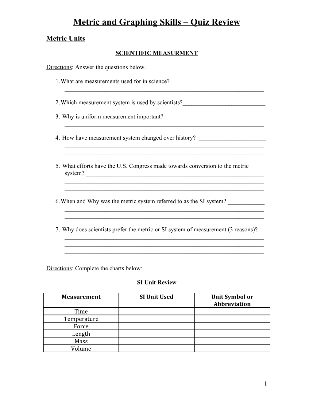 Metric Measurement Quiz Review