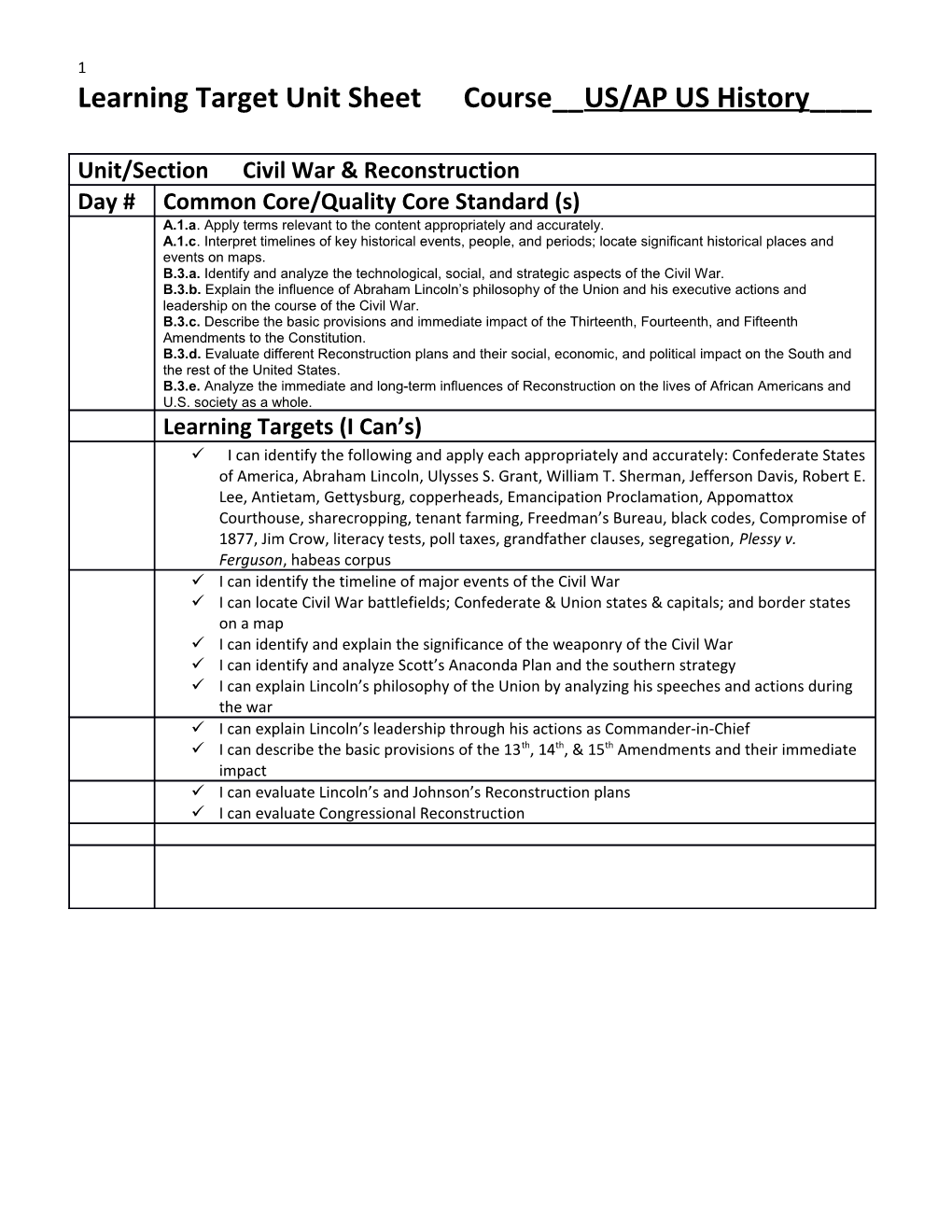 Learning Target Unit Sheet Course__US/AP US History____