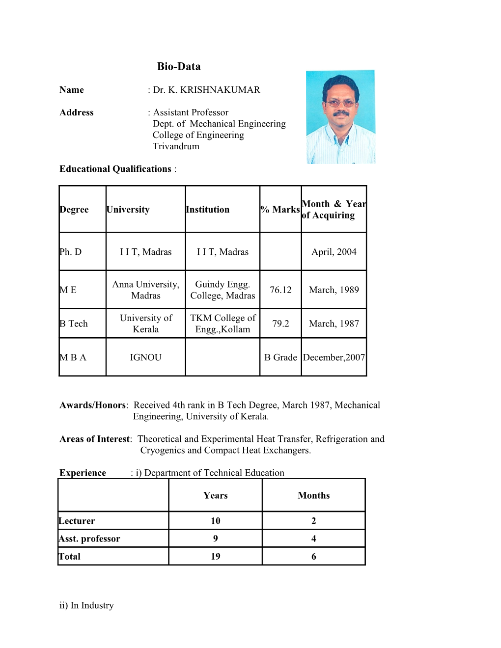 Name : Dr. K. KRISHNAKUMAR