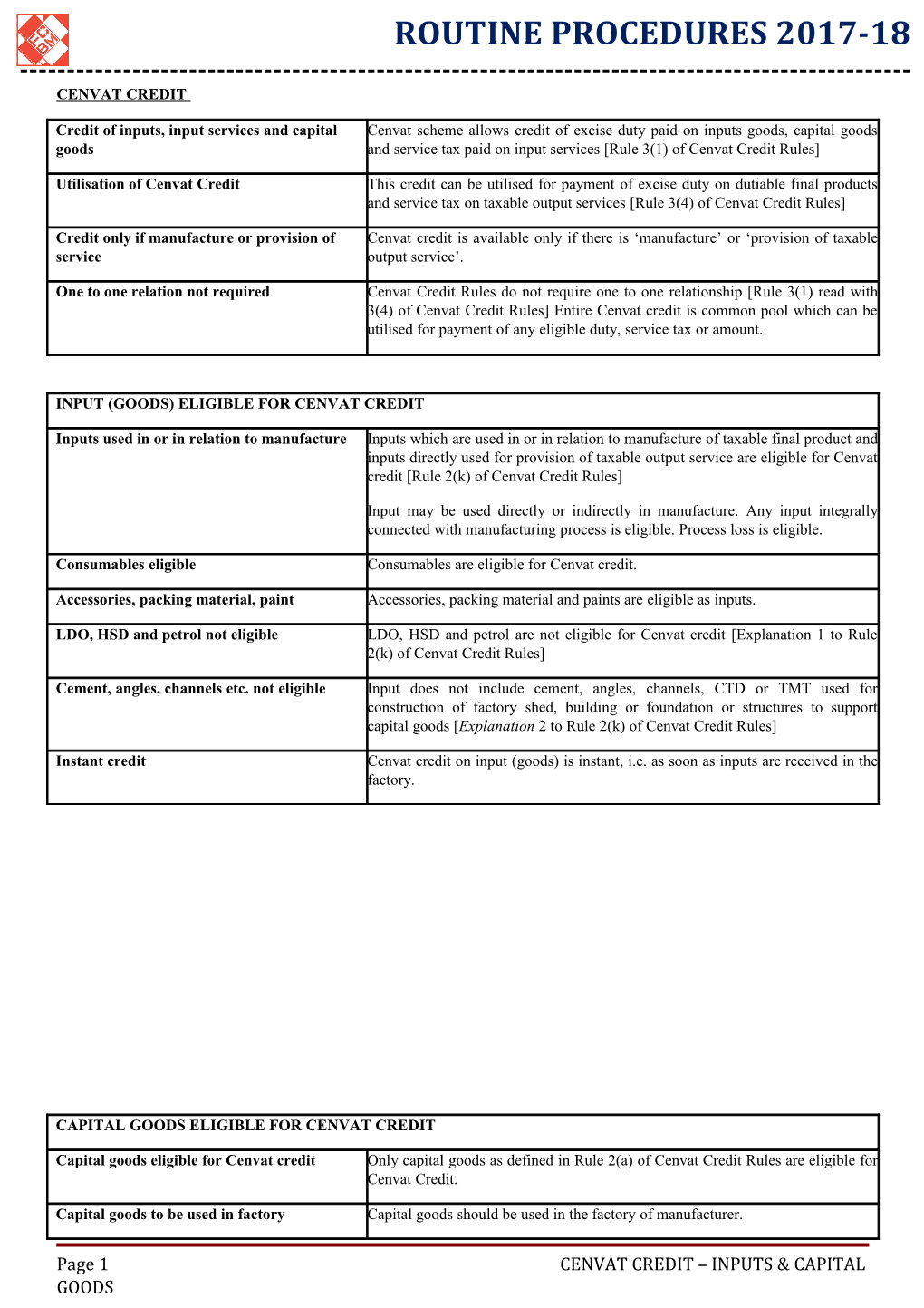 Page 1 CENVAT CREDIT INPUTS & CAPITAL GOODS