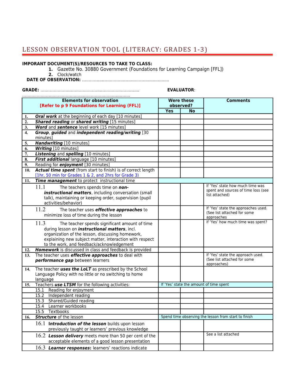 Lesson Observation Tool (Literacy: Grades 1-3)