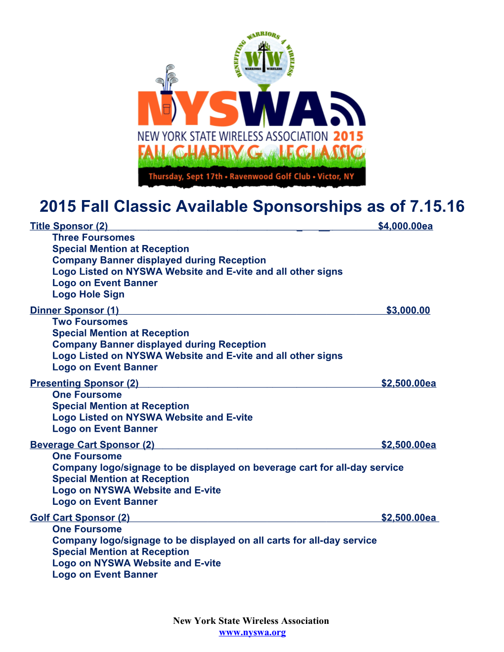 Proposed Sponsorship Levels for NYSWA Golf Outing on September 17, 2007