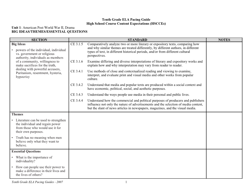 Tenth Grade ELA Pacing Guide