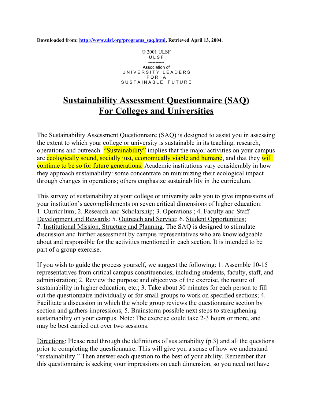 Sustainability Assessment Questionnaire (SAQ)