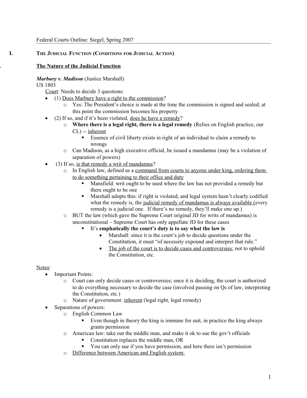 Federal Courts Outline: Siegel, Spring 2007