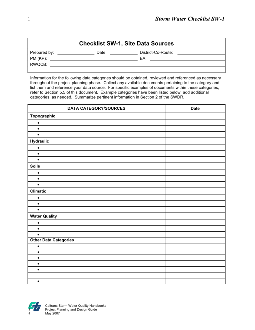 Checklist SW-1, Site Data Sources