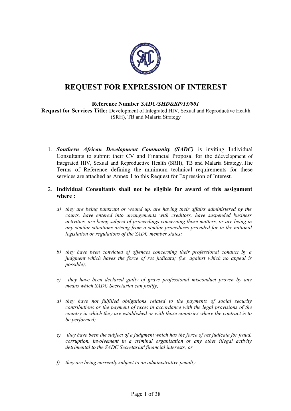 Request for Expression of Interest Number: SADC/SHD&SP/15/001