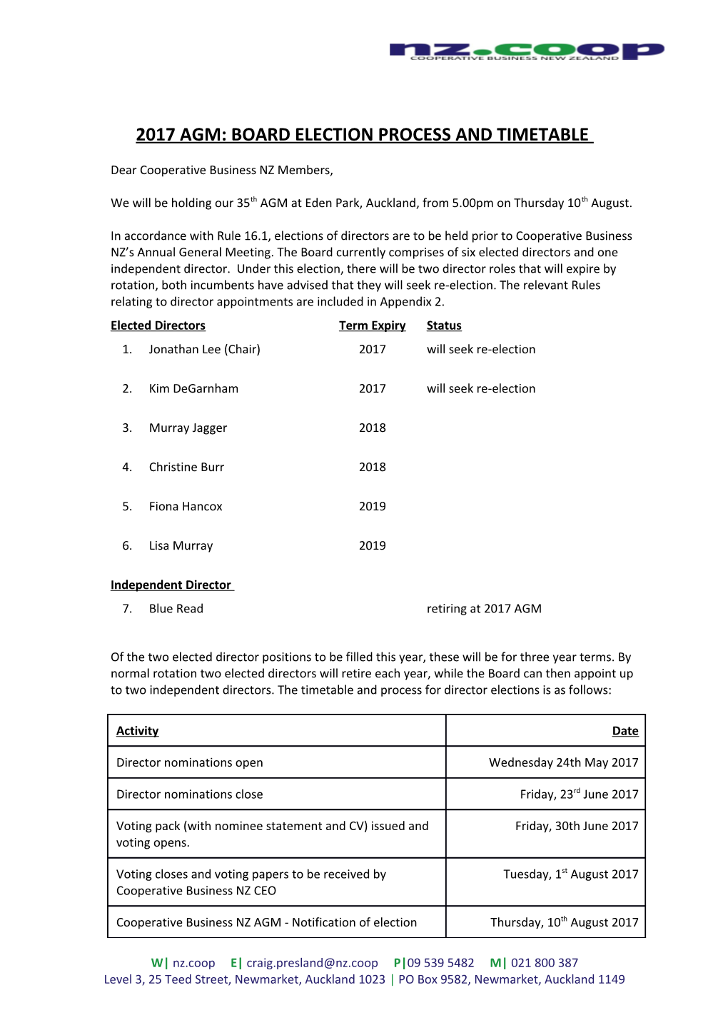 2017 Agm:Board Election Process and Timetable