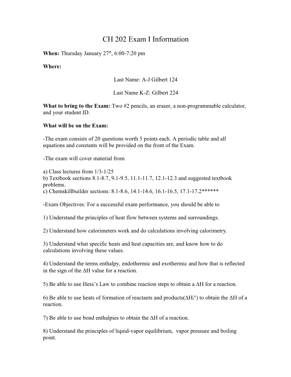 CH 202 Exam I Information