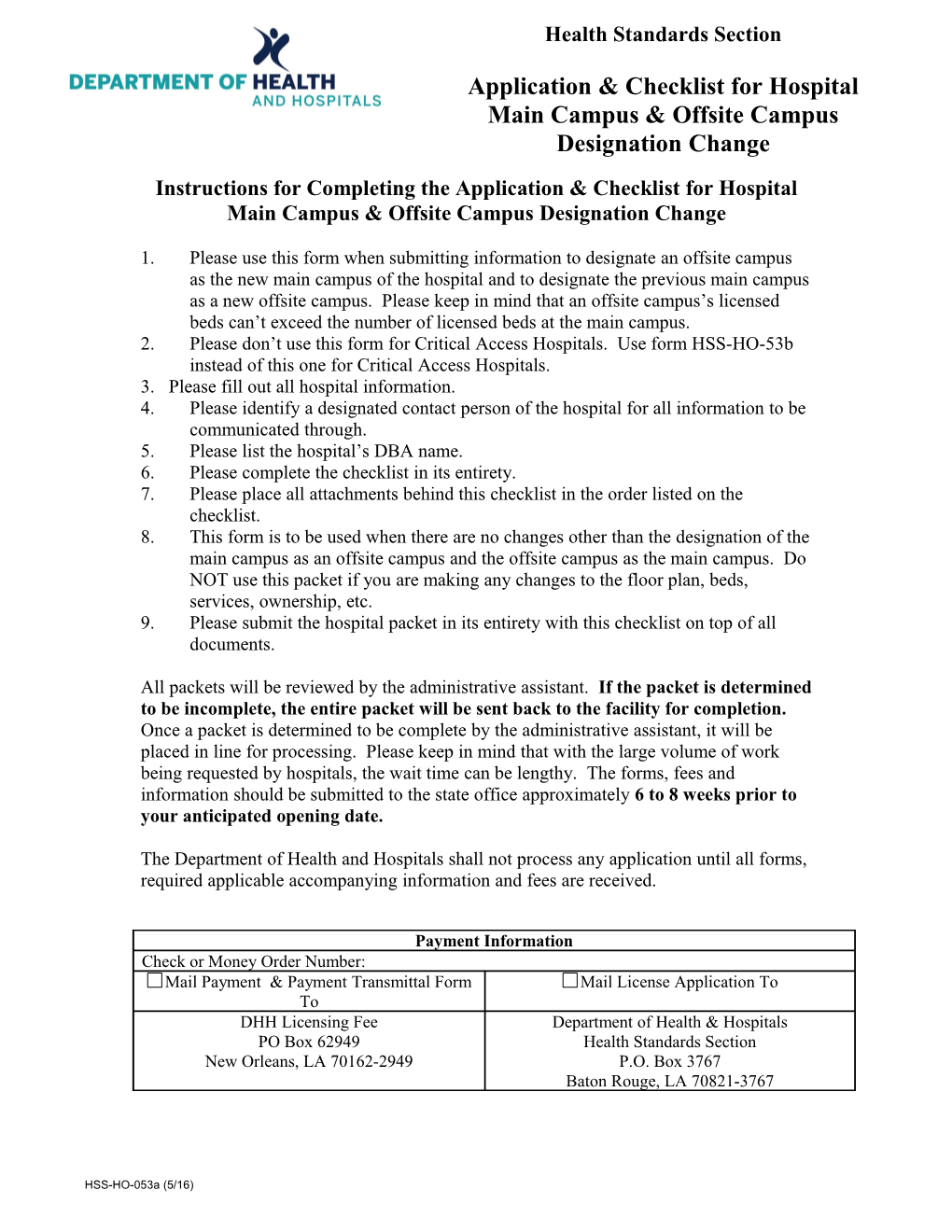 Instructions for Completing the Application & Checklist for Hospital Main Campus & Offsite