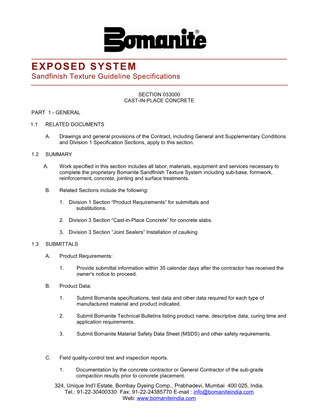 EXPOSED SYSTEM Sandfinish Texture Guideline Specifications