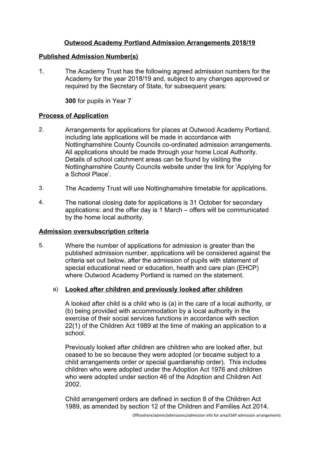 Outwood Academy Portland Admission Arrangements 2018/19