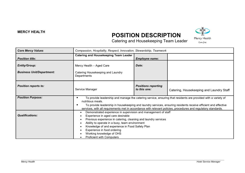 Position Description Catering Manager