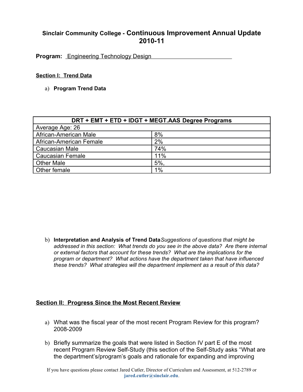 Sinclair Community College - Continuous Improvement Annual Update 2010-11