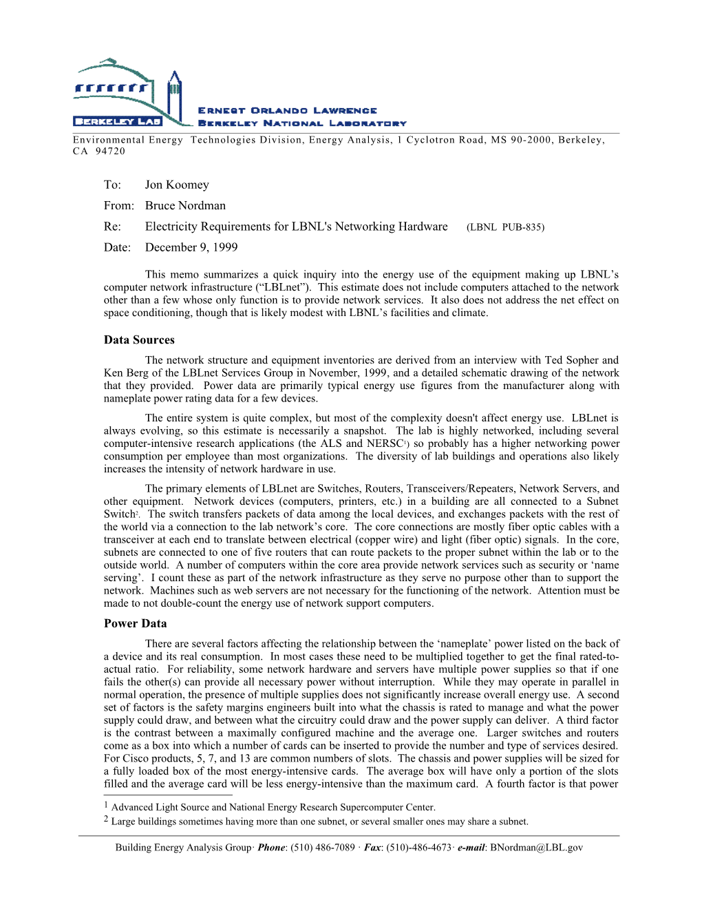 Re: Electricity Requirements for LBNL's Networking Hardware (LBNL PUB-835)