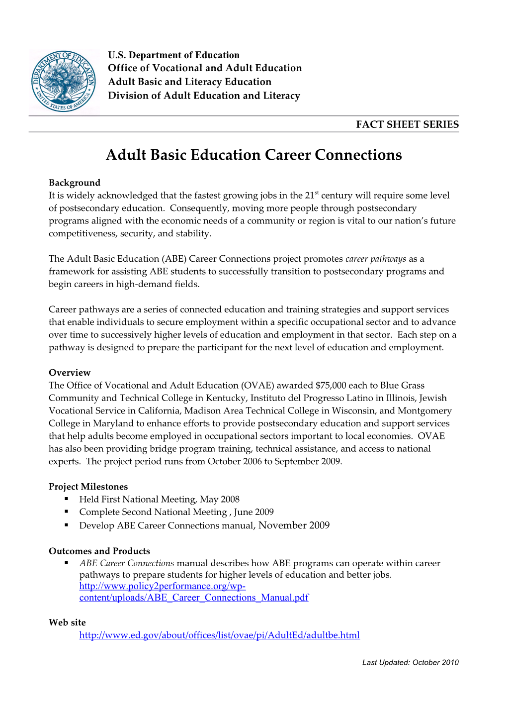 Fact Sheet: Adult Basic Education Career Connections October 2010 (Msword)