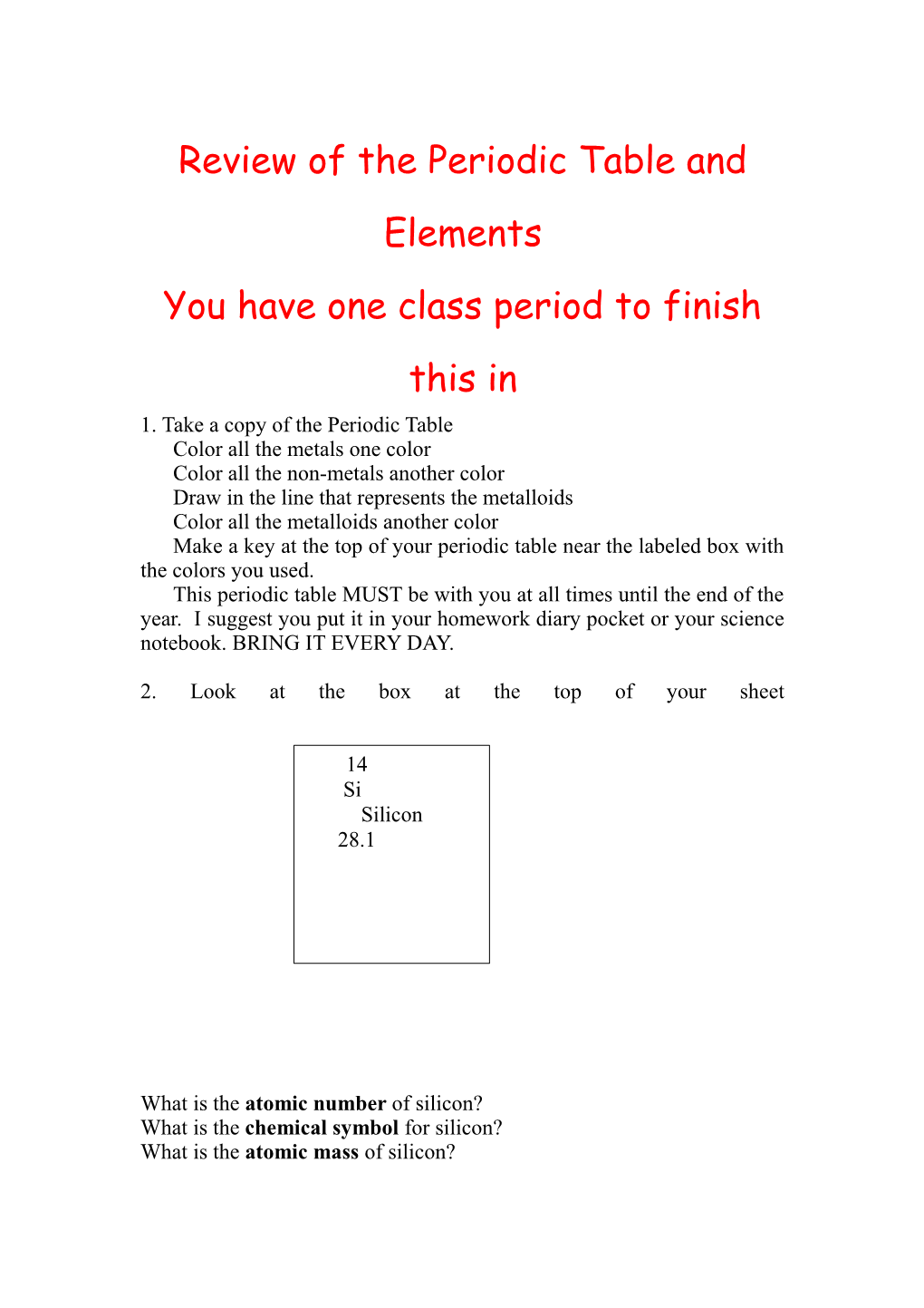 Review of the Periodic Table and Elements