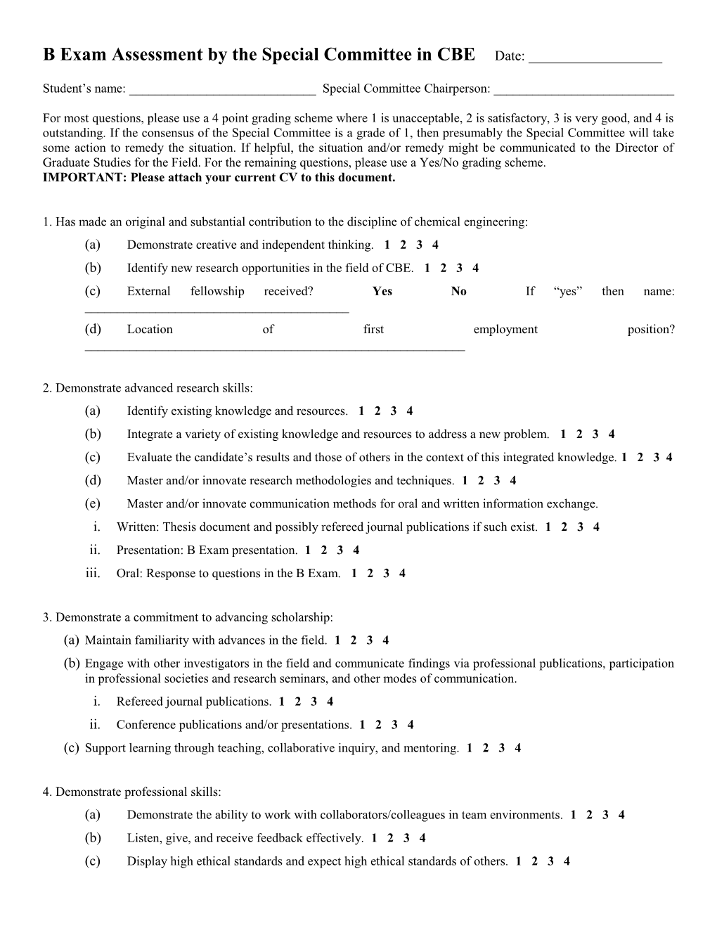 B Exam Assessment by the Special Committee in CBE Date: ______