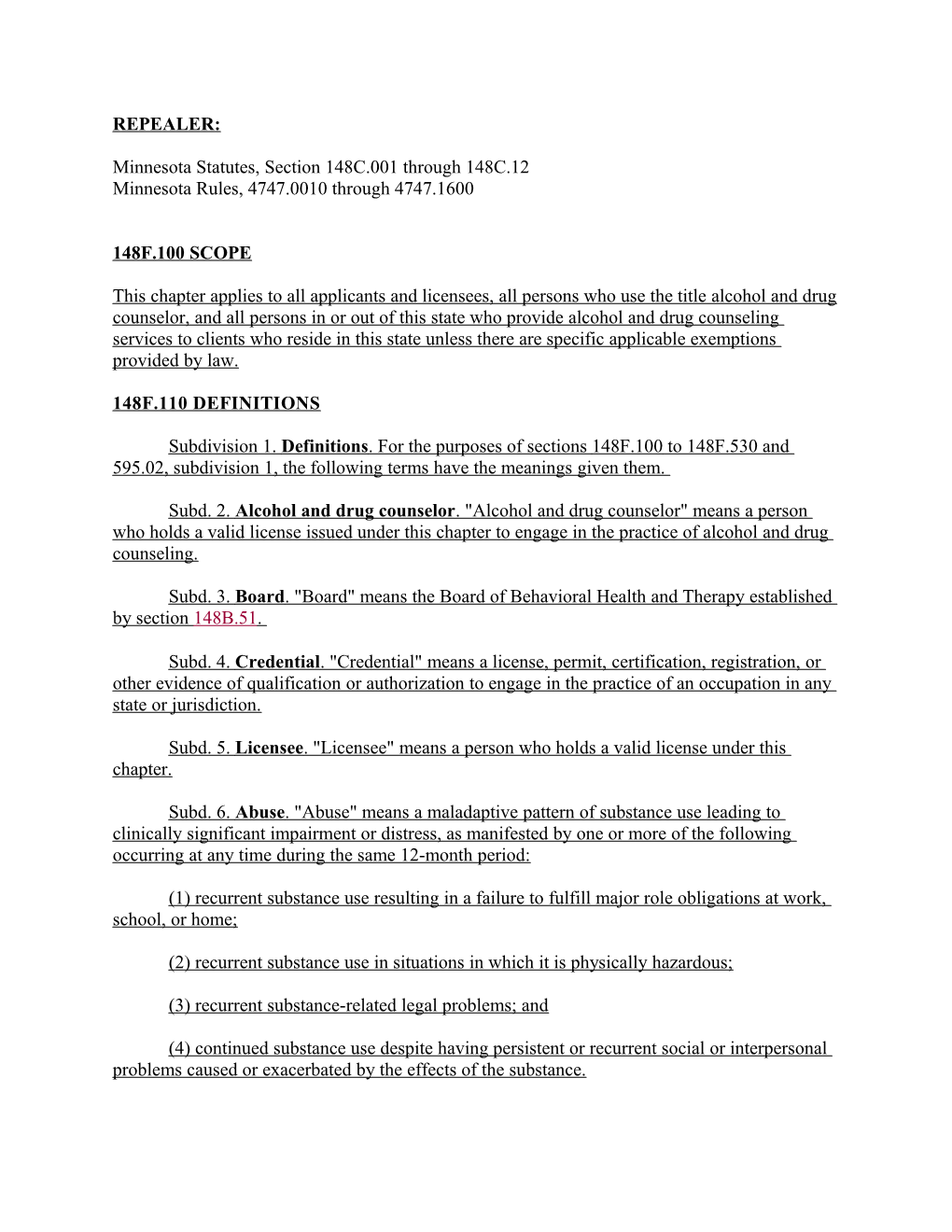 Minnesota Statutes, Section 148C.001 Through 148C.12