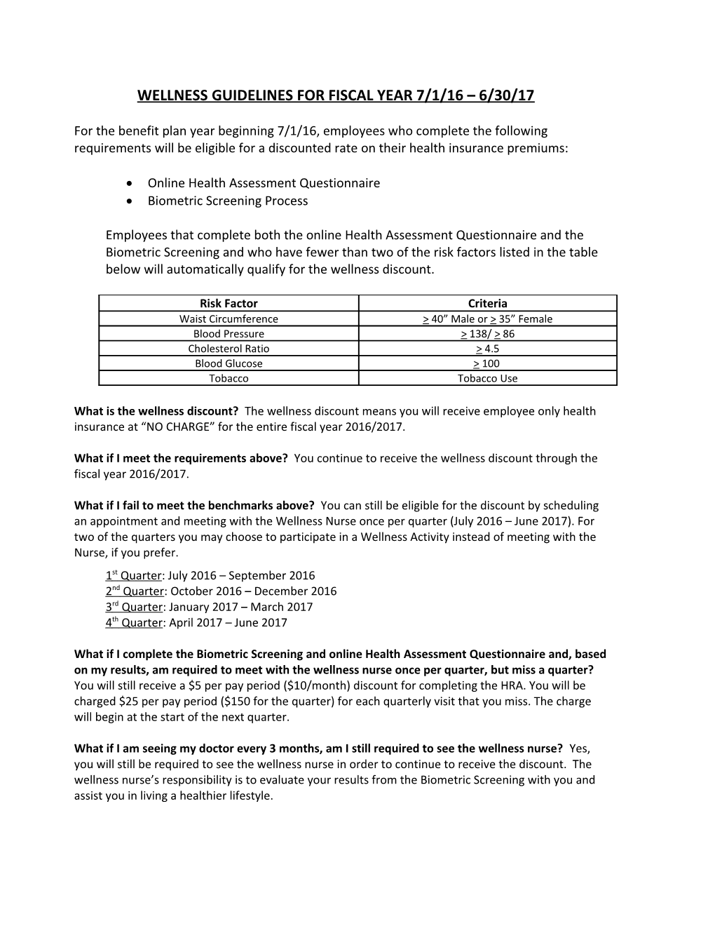 Wellness Guidelines for Fiscal Year 7/1/11 6/30/12