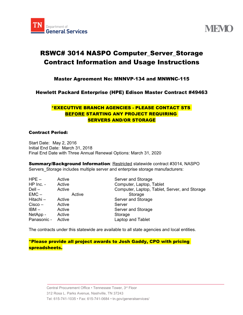RSWC# 3014 NASPO Computer Server Storage
