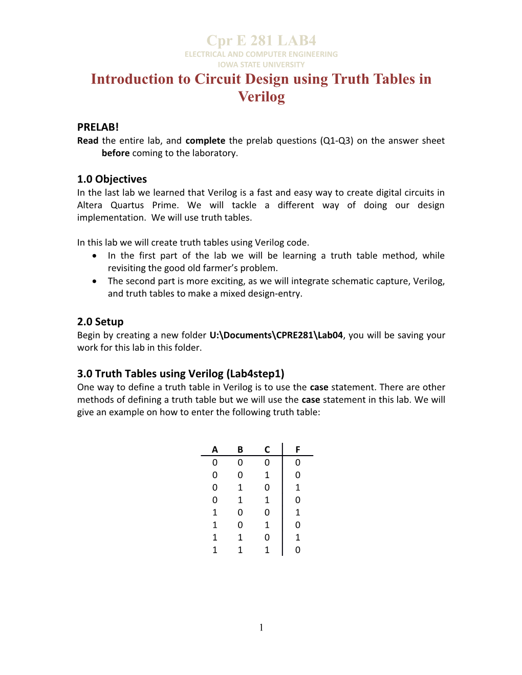 In This Lab We Will Create Truth Tables Using Verilog Code