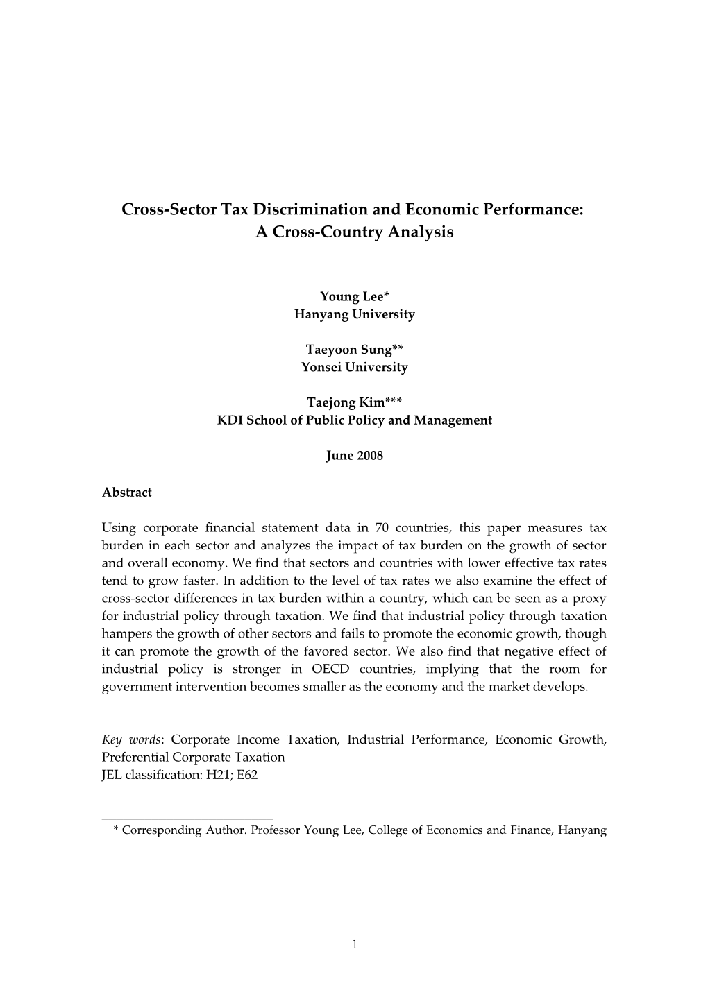 Sectoral Favors in Corporate Income Taxation and Industrial Performance: International