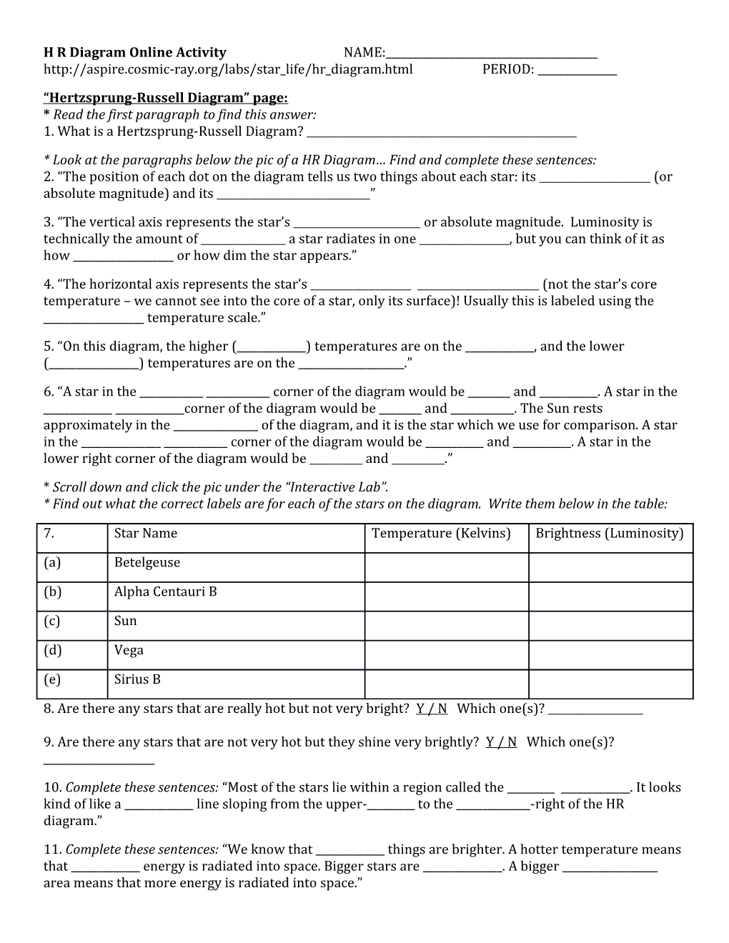 H R Diagram Online Activity