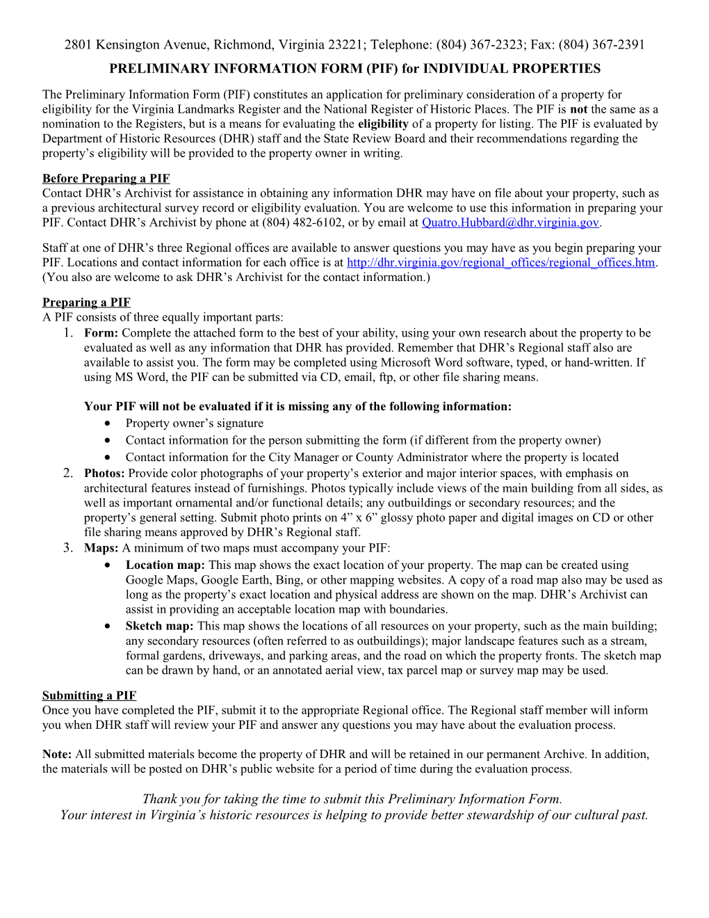 PRELIMINARY INFORMATION FORM (PIF) for INDIVIDUAL PROPERTIES