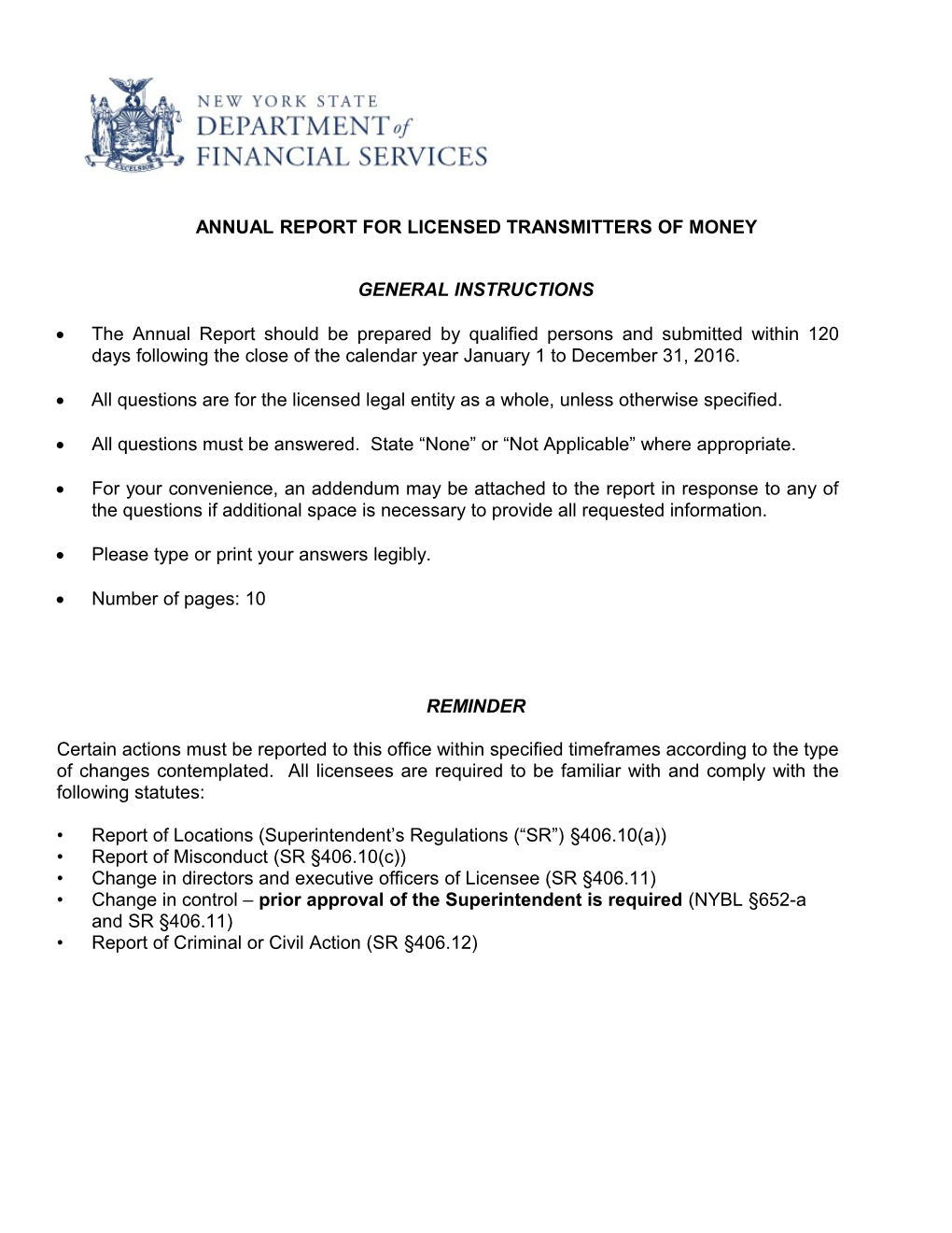 Annual Report for Licensed Transmittersof Money