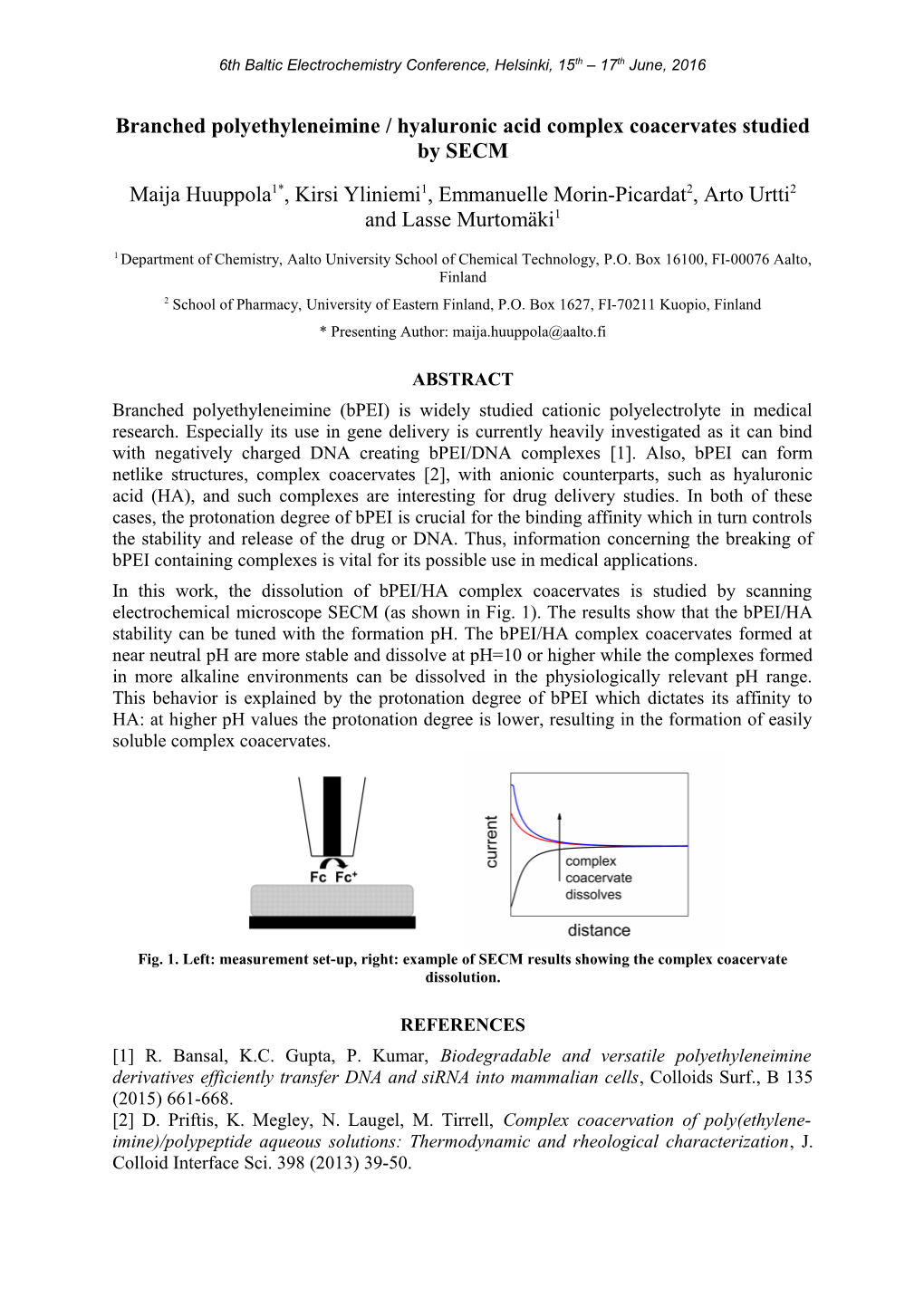 Branched Polyethyleneimine / Hyaluronic Acid Complex Coacervates Studied by SECM