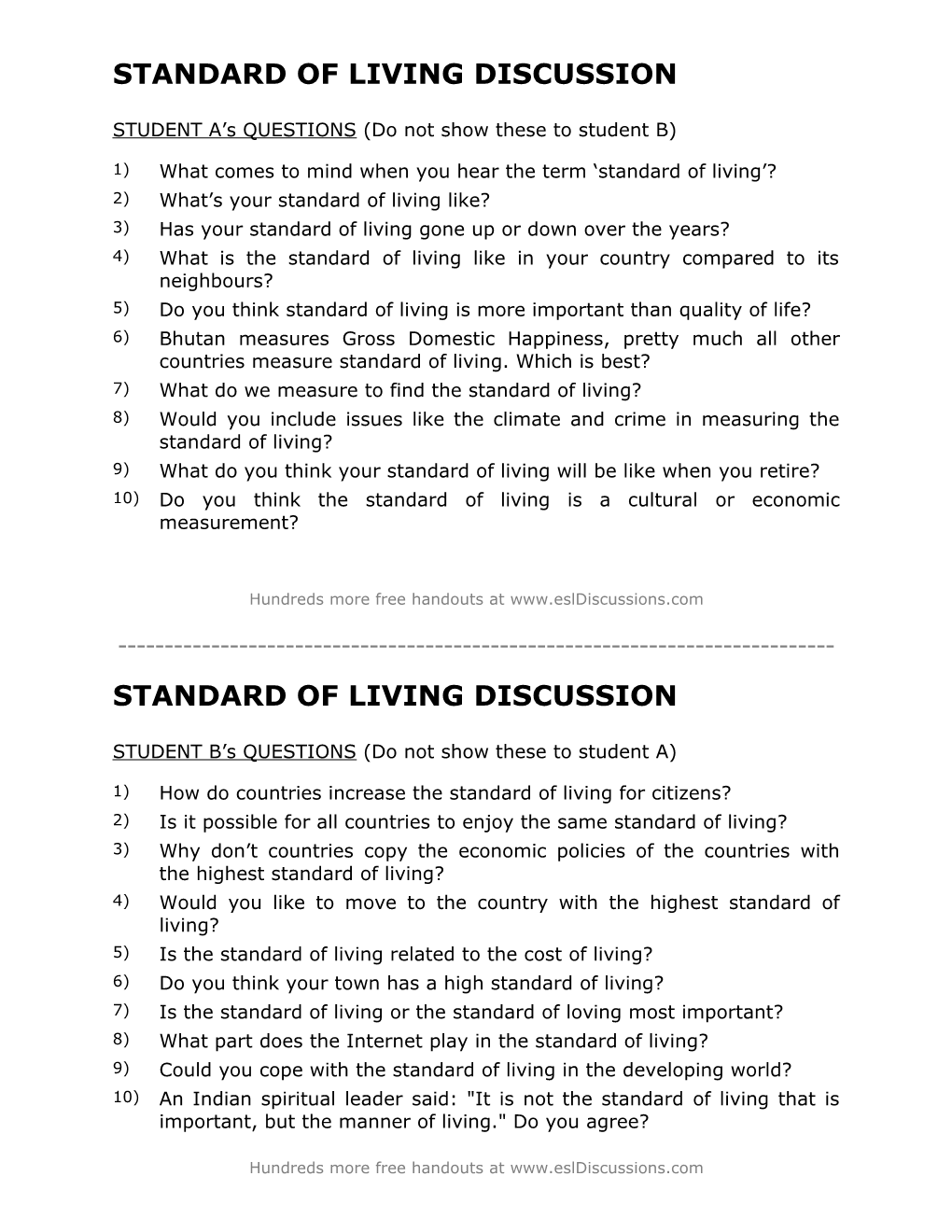 ESL Conversation Lesson on Standard of Living