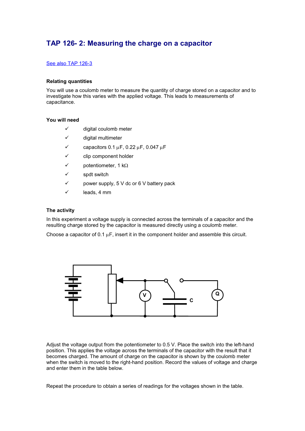 TAP 126- 2: Measuring the Charge on a Capacitor